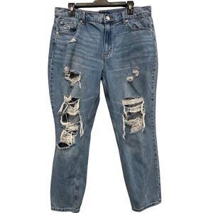 Aeropostale Womens Mom Jean Size 14 Medium Wash High Rise Distressed Ripped Blue